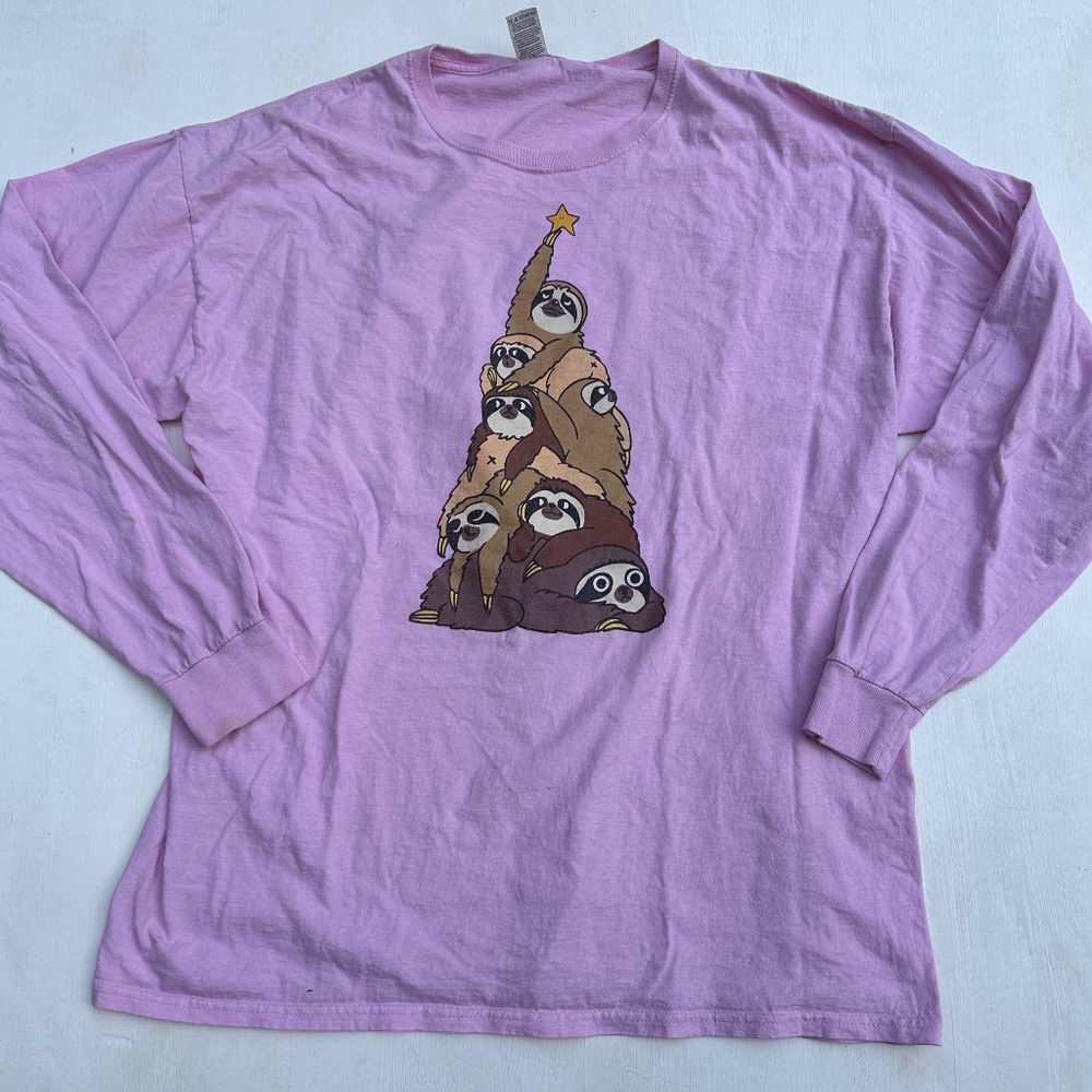 Christmas Tree Sloth Pink Long Sleeve Tee